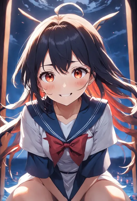 （the Extremely Detailed CG Unity 8K Wallpapers，tmasterpiece，best qualtiy，ultra - detailed），（best illuminate，best shadow，Extremely Delicately Beautiful）asuka，A big smile on his face。She sits comfortably in her spotless sailor school uniform，Short black hair...