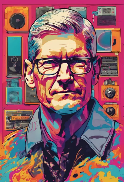 Tim Cook, album covers, Retro, Colorful, killian eng, 32K, A hyper-realistic