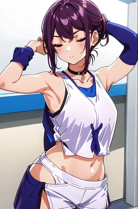 kanzaki rin, white tank top, (sleeveless), (detached sleeves), Navel (presenting armpit), arms behind head, hands behind head, arms raised, hands in pockets, standing, (simple background), one eye closed, (tying hair), open mounth, simple background