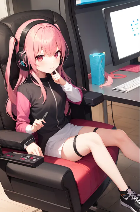 animemanga girl，Put on gaming earmuffs，Pink hair，red color eyes，Height 1 meter 6，Sit in a gaming chair