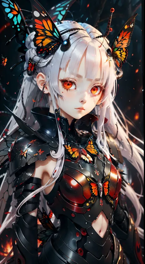 Anime 17 year old insect girl with scarlet eyes, Pale hair, and black armor，Her eyes were firm, There are red butterfly wings and tentacles, Long loose hair with slightly curls，There are flames all around