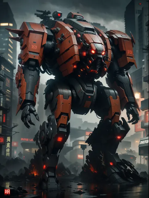 Jaeger mech from (Pacific rim), Kaiju invasion alert, Chinese theme robot, huge weapon in hand, heavy rain, red and black colour scheme with star crest, masterpiece, high resolution, future film concept, Movie lighting