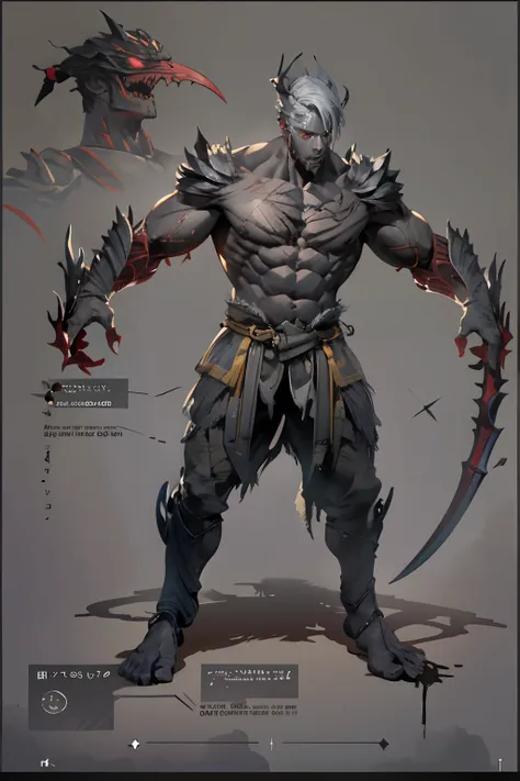 game character standing drawing design，hell creatures，short，strong limbs，muscle explosions，covered with scales and barbs，cunning...