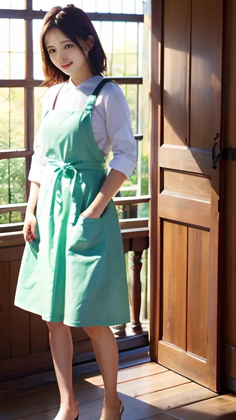 Woman in green dress standing in front of the door, hanbok apron, Wearing an apron, Organic Dresses, Apron, long dress with apron, with two front pockets, starbucks aprons and visors, Portrait!!, full body wide shot, Wearing, inspired by Masamitsu Ōta, ins...