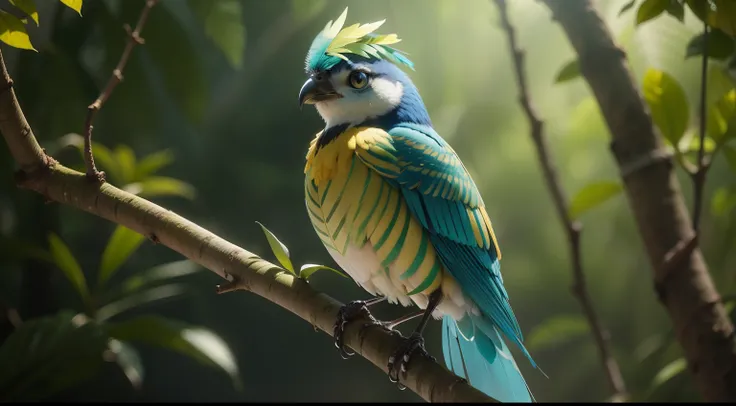 Capture Little Feathers unique appearance as he stands proudly on a branch, showcasing his vibrant blue, green, and gold feathers against the lush backdrop of the forest