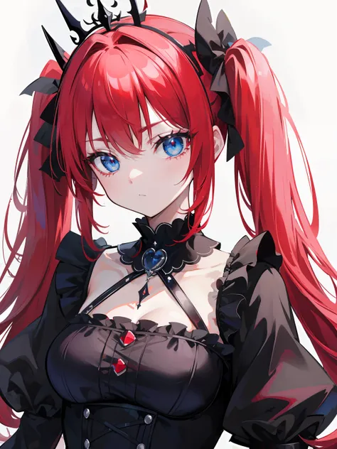 Red hair, Blue eyes, twintails, Goth Lolita, Darkgoth, Collar,Crown tiara,pride,solo,loli,Long hair,{{best quality}}, {{masterpiece}}, {{ultra-detailed}}, {illustration}, {detailed light}, {an extremely delicate and beautiful},