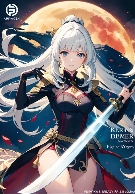 A woman with long white hair holds a sword before the full moon, Ayaka Genshin impact, Detailed key anime art, she is holding a sword, Keqing from Genshin Impact, Portrait Chevaliers du Zodiaque Fille, light novel cover art, ayaka game genshin impact, Epic...