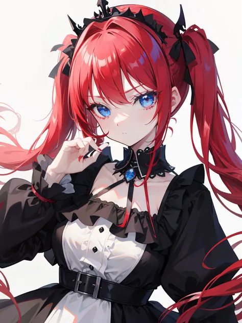 Red hair, Blue eyes, twintails, Goth Lolita, Darkgoth, Collar,Crown tiara,pride,solo,loli,Long hair,{{best quality}}, {{masterpiece}}, {{ultra-detailed}}, {illustration}, {detailed light}, {an extremely delicate and beautiful},