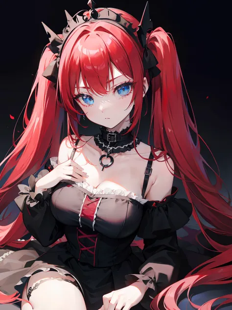 Red hair, Blue eyes, twintails, Goth Lolita, Darkgoth, Collar,Crown tiara,pride,solo,loli,Long hair,{{best quality}}, {{masterpiece}}, {{ultra-detailed}}, {illustration}, {detailed light}, {an extremely delicate and beautiful},