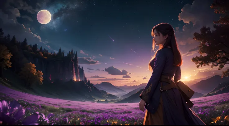 expansive landscape photograph , (a view from below that shows sky above and open field below), a girl standing on flower field looking up, (full moon:1.2), ( shooting stars:0.9), (nebula:1.3), distant mountain, tree BREAK
production art, (warm light sourc...