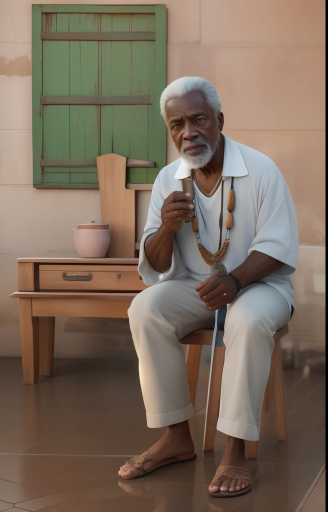 Crie a imagem um homem sexo masculino velho afrodescendente, extremamente perfeito, hiperrealista com a idade de 90 anos, olhos brilhantes, cansados e triste, pele negra, holding an extremely perfect brown wooden pipe rich in carved details Extremely wrink...