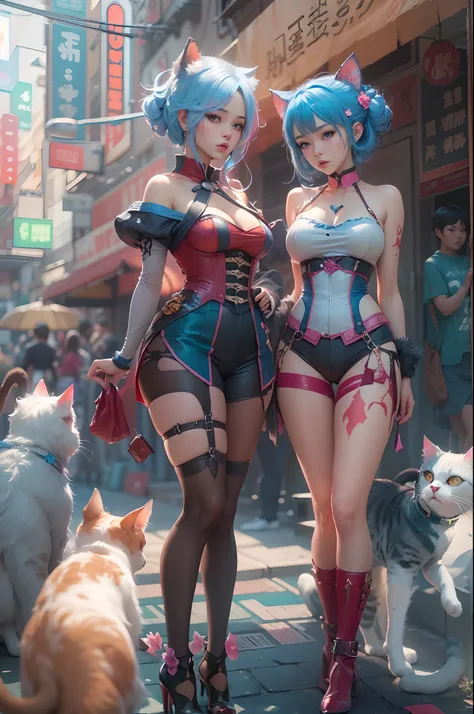 anime - style image of two women with pink and blue hair smal booty dressed in red and blue corset,  pose in Akihabara for a foto shooting, wlop and sakimichan, attractive cat girl, artwork in the style of guweiz, fantasy art style, 2. 5 d cgi anime fantas...