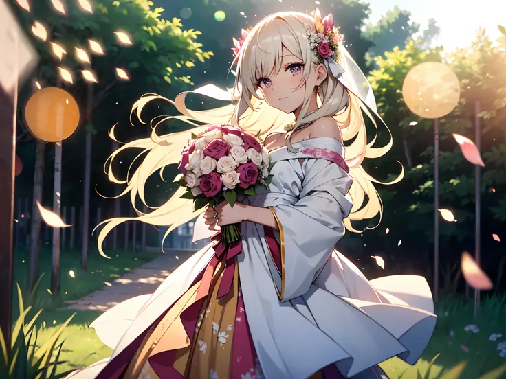 In front of a flowering forest on a small hill, A woman wearing a wedding dress(arranged from a simple and beautiful off shoulder kimono Top & skirt dress)1.3, holding a wedding bouquet is standing happily. . The long hem of her skirt is fluttering in the ...