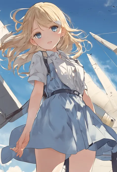 Anime girl, blond hairbl, Wear a simple light blue casual dress, long hair floating in the wind, Watch as large airliners take off from the ground