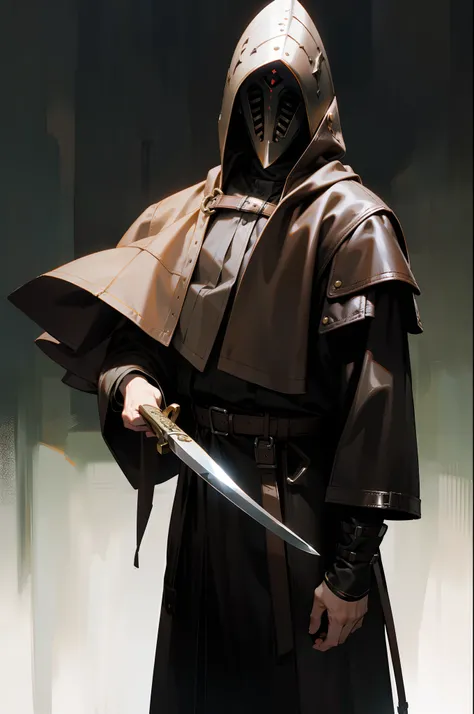 Wearing leather clothes，Holding a long-handled knife，Standing，With iron mask