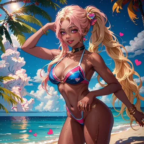 ((1 girl)), (masterpiece), (mocha skin), dynamic posing++, bathing suit, tropical, nsfw+++, pigtails++,sexy, 1 girl+, pink eyes++, juicy lips++, full lips++, hearts++, ,long blonde hair with blue highlights with dark skin+++, honey eyes++, galaxy eyes++, b...