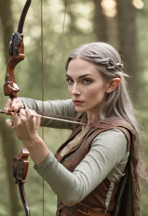 female elven warrior shooting a bow, Deep Forest, blowing in the wind, (Highest Quality), Delicate and beautiful details,