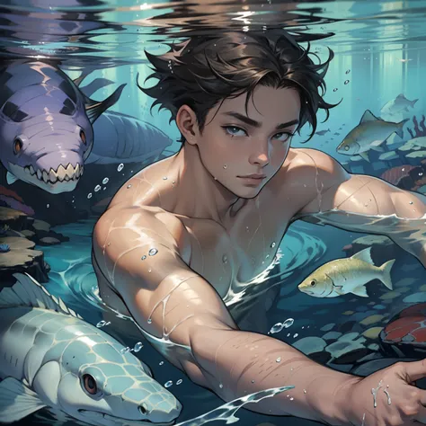 A boy swims in the deep sea