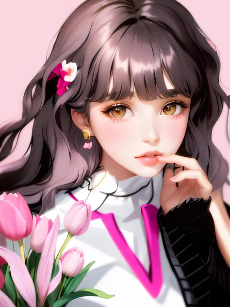 A beautiful girl with long black curly hair, exquisite facial features，Wear a white ribbon around your neck，Wear a striped sweater，Pink tulips in hand