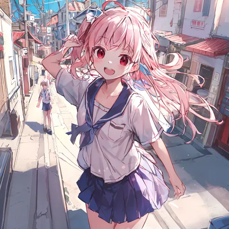 absurderes, hight resolution, (Anime style:1.1), ((masutepiece)), ((Best Quality)), (Ultra-detailed), (Beautiful), 独奏, Beautiful face、(liftup),Cute little girl standing on the street in Mediterranean port city,Wind,Light pink hair, Red eyes,(poneyTail:1.3)...