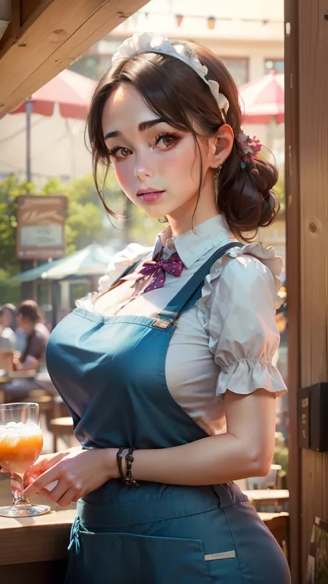 (​masterpiece),Girl carrying drinks in restaurant outside,Pretty face,Adorable look,Put on your apron,Wearing short pants,breastsout:1.1,Enchanted foothills,Dynamic Pose,Restaurant outside in the background