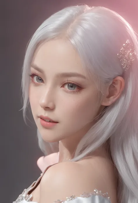 Hyper-realistic，Live-action photo，Stunning beauty，half-body shots，One wearing a pink metal mechanical skirt on a solid background，Silver-white shawl haired woman, 3 D rendering character art 8 K, Cyborg - Girl with white hair, beautiful female android!, be...