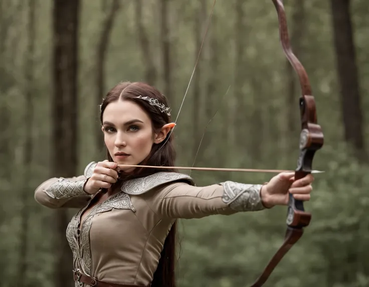 Female elven warrior shooting a bow, deep forest, blowing in the wind, (Highest Quality), Delicate and beautiful details,