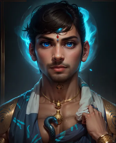 Looking lord Krishna handsome cute with play snakes blue eyes and God of fire loooking