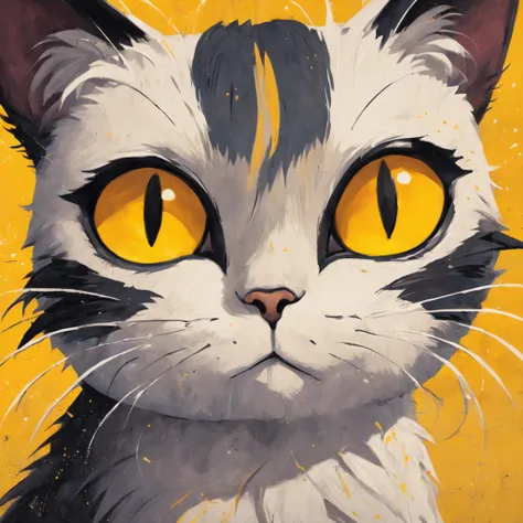 Gato en el arte, furry cat, Aseo de ojos estrechos、ocio、Color principal negro, Color secundario cian, Fondo amarillo dorado, artistic, sofisticado, Warm style, Las formas incluyen gatos abstractos, Playful forms, Pieza elegante, Las texturas incluyen textu...