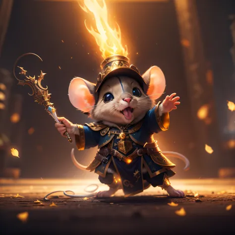 Cute mouse, Wizard image, standing on your feet, Two-handed fire mass electric light, Wearing gold and black armor, Furry fantasy art, high detail, cinematic lighting, god rays, UHD, highres