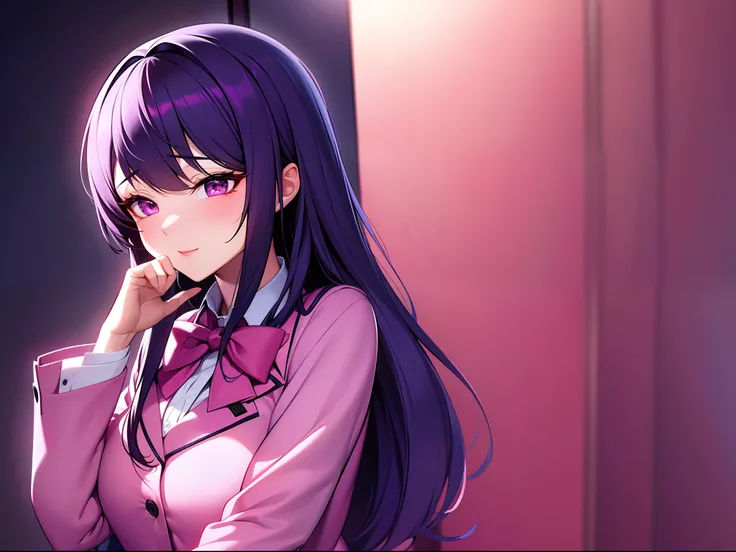 Highly detailed anime schoolgirl character, Attractive and seductive style, Dressed in a pink suit with a purple bow tie, Rendered in a smooth CG anime art style, Style reminiscent of ecchi sub-genre