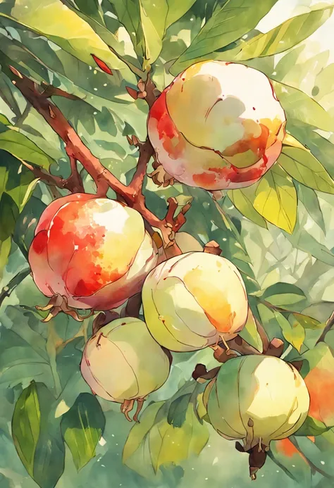 white backgrounid，Mangosteen, watercolor paiting， full color digital illustration ，the fruits、mangosteen