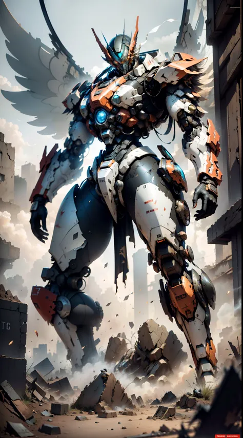 city ruins，the smoke and dust of war，massive wings，male mech，combat posture，high quality ultra hd