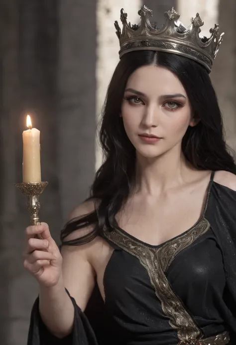 Young greek goddess of death and rebirth, With black hair and black eyes, Is pale skinned, Wears black robe and silver crown, Is young queen of hell, Is sitting on the throne, Is smiling coldly, abyss, underworld, styx, flame of hell, Greek mythology, myst...