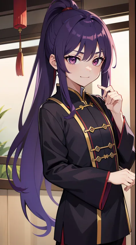 Young boy, long purple hair, high ponytail, red-eyes, Chinese purple short-sleeved shirt, through hanyfu, smirk, Feather Fan, Masterpiece, hiquality