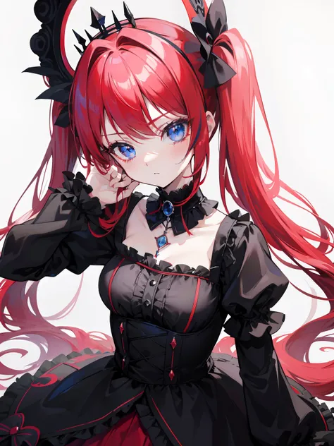 Red hair, Blue eyes, twintails, Goth Lolita, Darkgoth, Collar,Crown tiara,pride,solo,loli,Long hair,{{best quality}}, {{masterpiece}}, {{ultra-detailed}}, {illustration}, {detailed light}, {an extremely delicate and beautiful},little girl,cute,halo