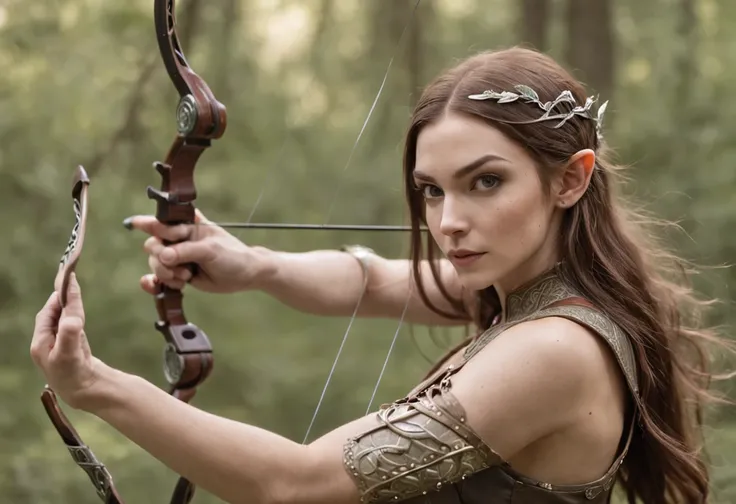 Female elven warrior shooting a bow, deep forest, blowing in the wind, (Highest Quality), Delicate and beautiful details,