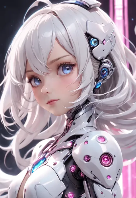 Hyper-realistic，Live-action photo，Stunning beauty，half-body shots，One wearing a pink metal mechanical skirt on a solid background，Silver-white shawl haired woman, 3 D rendering character art 8 K, Cyborg - Girl with white hair, beautiful female android!, be...