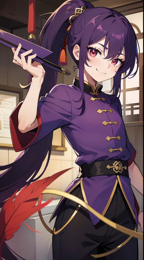 Young boy, long purple hair, high ponytail, red-eyes, Chinese purple short-sleeved shirt, through hanyfu, smirk, Feather Fan, Masterpiece, hiquality