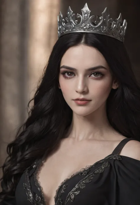 Young greek goddess of death and rebirth, With black hair and black eyes, Is pale skinned, Wears black robe and silver crown, Is young queen of hell, Is sitting on the throne, Is smiling coldly, abyss, underworld, styx, flame of hell, Greek mythology, myst...