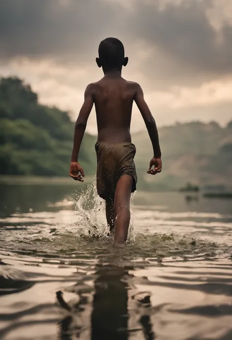 A 14-year-old boy bathes in the river without clothes