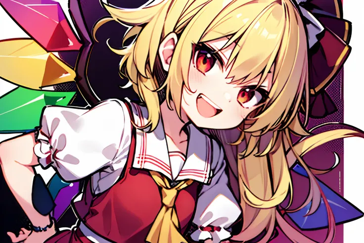 One Person、(Flandre Scarlet)、Petite、One girl、Mean smile、shortsleeves、Opening Mouth、a blond