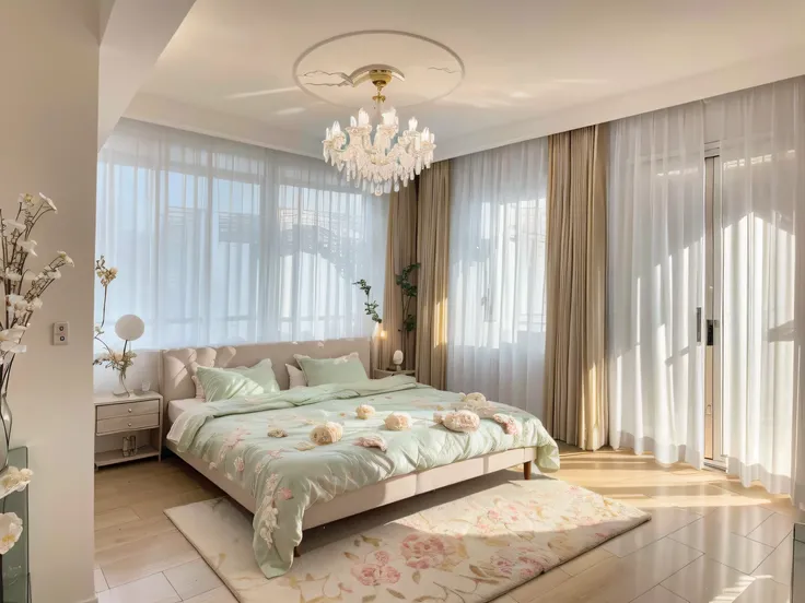 ，masterpiece, best quality，8k, ultra highres，Reallightandshadow，When you step into this bedroom，Its like stepping into a dream world。Spacious and welcoming space，A magnificent large bed stands quietly，Surrounded by soft velvet linens and fluffy down duvets...