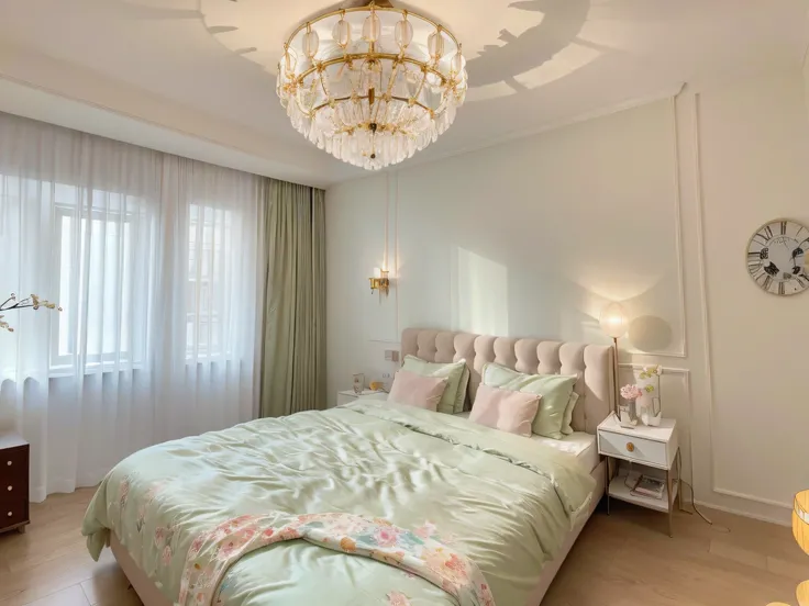 ，masterpiece, best quality，8k, ultra highres，Reallightandshadow，When you step into this bedroom，Its like stepping into a dream world。Spacious and welcoming space，A magnificent large bed stands quietly，Surrounded by soft velvet linens and fluffy down duvets...