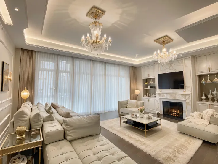 ，masterpiece, best quality，8k, ultra highres，Reallightandshadow，Step into this luxurious and exclusive living room，Its as if youve arrived at a mysterious castle。The soft sofas by the fireplace are decorated with delicate throw pillows，As if inviting you t...