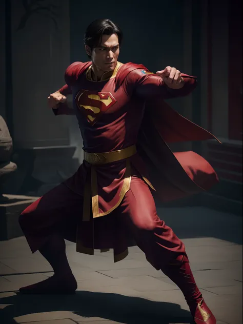 A superman as a Chinese kungfu master wearing a typical Chinese kungfu masters clothes, cinematic, extreem realistic, extreem detailed, extreem Sharp, full body shot