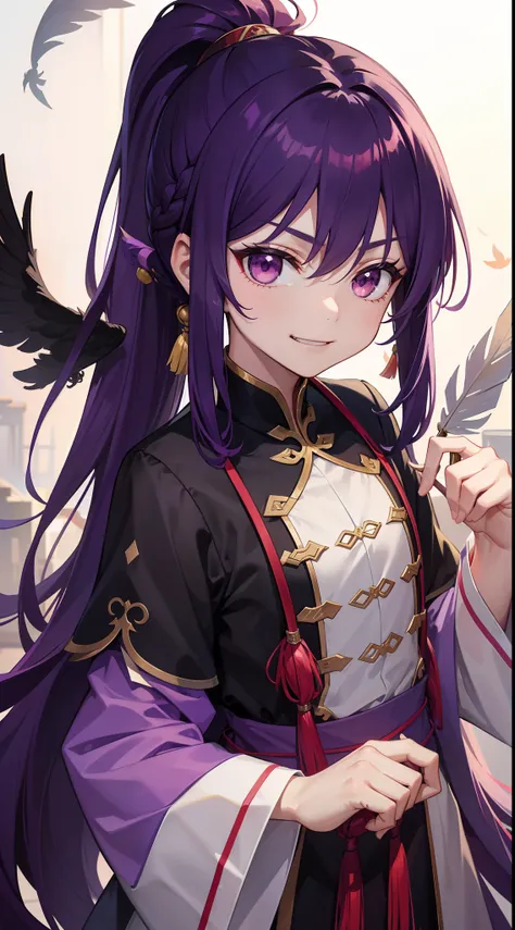 young boy, long purple hair, high ponytail, red-eyes, Chinese purple short-sleeved shirt, Via Hanifa, smirk, Feather Fan, Masterpiece, hiquality