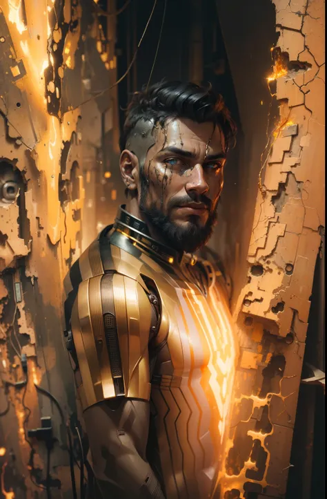 cyborg man portrait, exposed wires, gold oil leaking from rusty wires dont change face