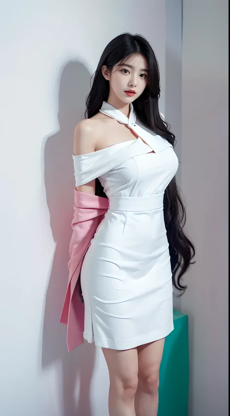 deep in the night，A perfect young female white-collar worker，Chinese big breasts，High picture quality，Works of masters，Black hair，Long hair shawl，Long hair flowing over the shoulders，Beach wave hairstyle，cropped shoulders，鎖骨，exquisite face，Hydrated red lip...