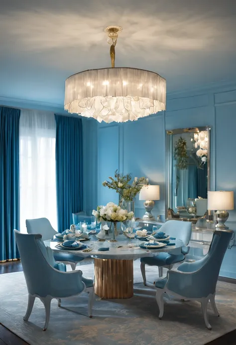 There was a blue glass lamp on the table，Shades of white, famous designer lamp, The standing lights are luxurious, light fixtures, light blues, mellow sky blue lighting, soft blue light, table light, with blue light inside, stylish lighting, Blu-ray accent...